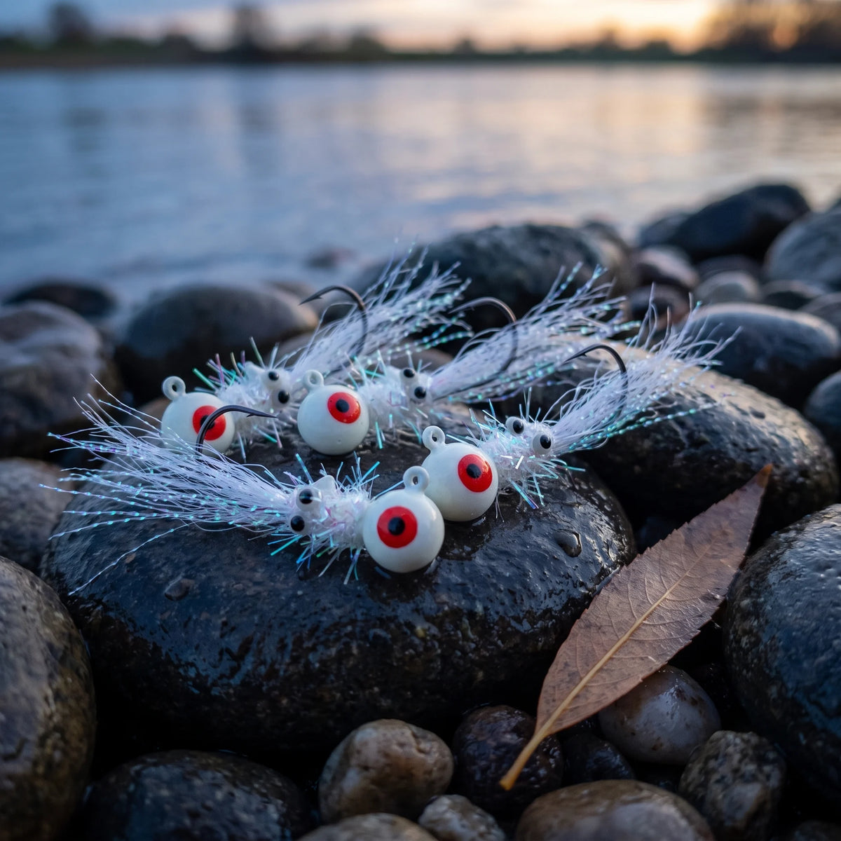 Apex Glow Shrimp Softbait voor Snoekbaars - op rivierstenen in de schemering