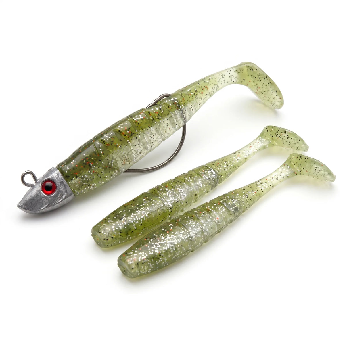 Apex Jigset met Loodkop en 3 Paddle Tail Shads - olijf glitter