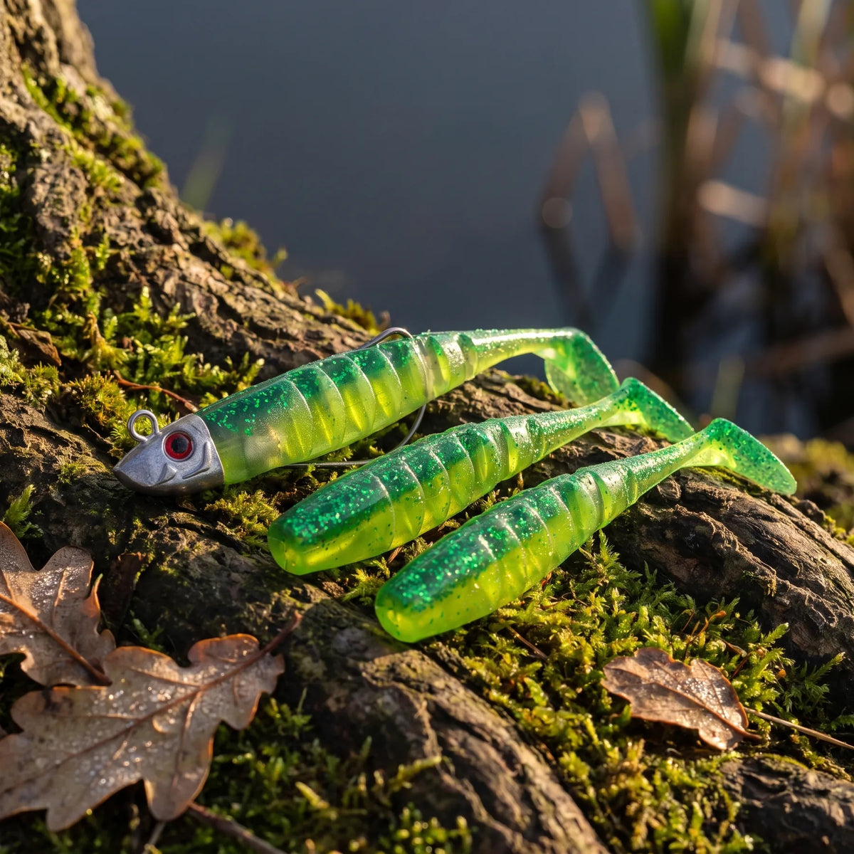 Apex Jigset met Loodkop en 3 Paddle Tail Shads - op een boomwortel aan het kanaal