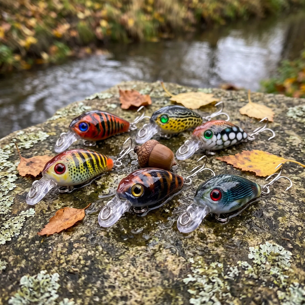 Apex Micro Crank Set 6 Crankbaits voor Baars en Snoekbaars - 6 crankbaits op een steen aan de beek