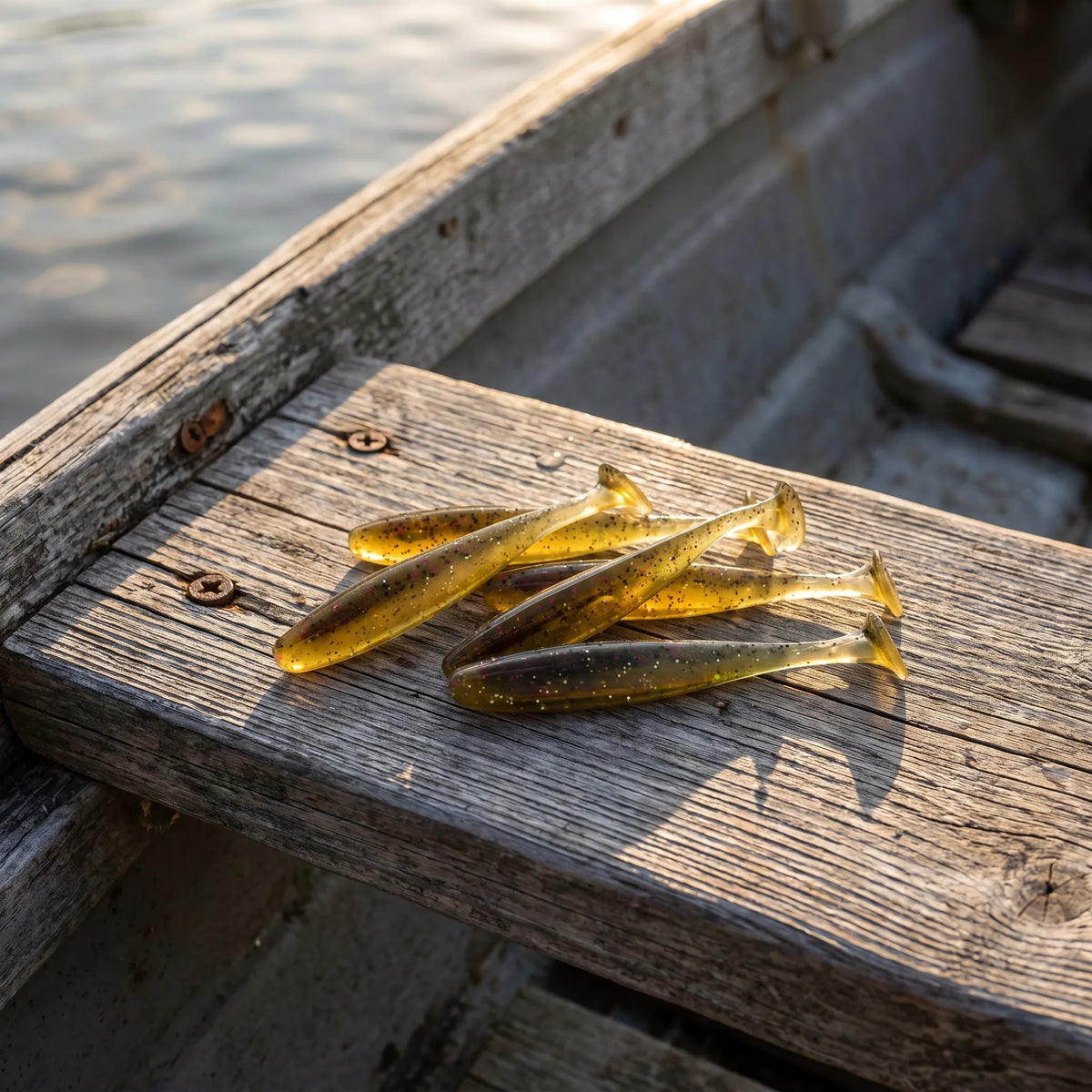 Apex Paddle Tail Shad 7 cm voor Baars en Snoekbaars - in de roeiboot bij avondlicht